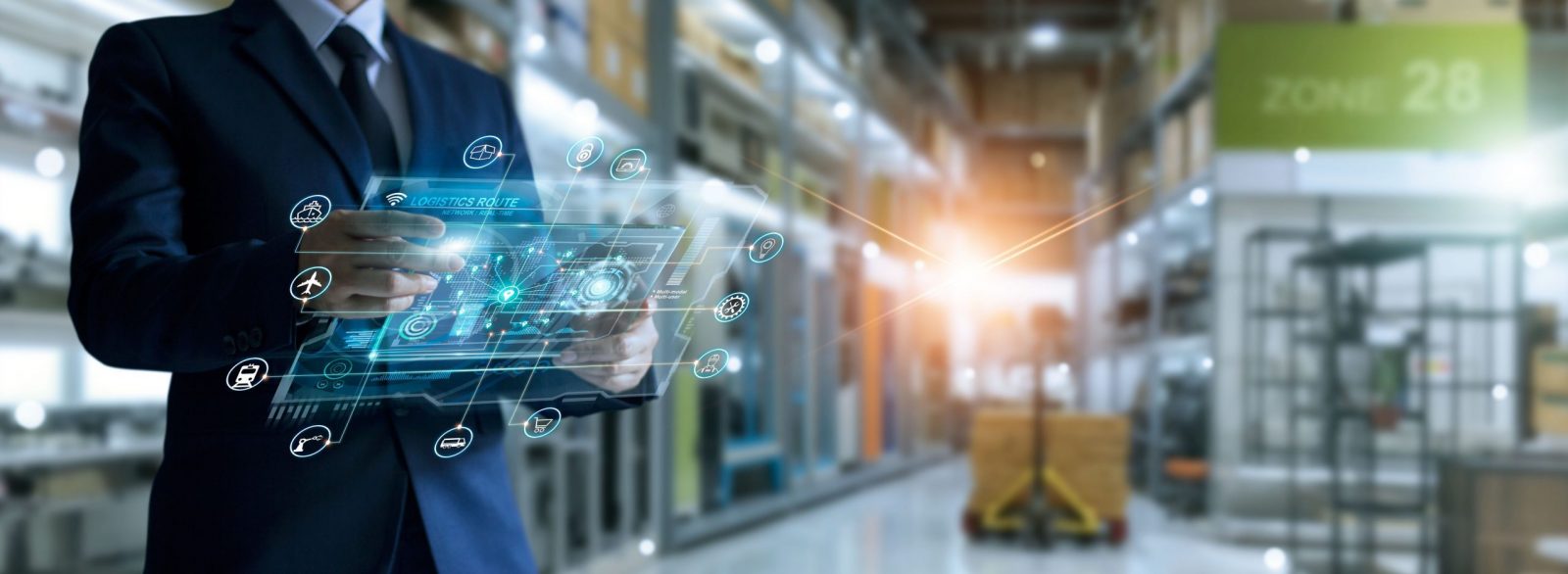 Businessman holding virtual interface panel of global logistics