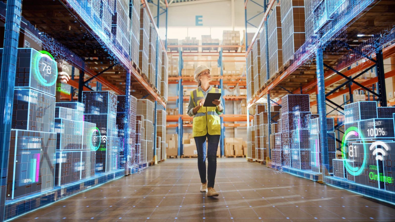 Futuristic Technology Retail Warehouse: Worker Doing Inventory W