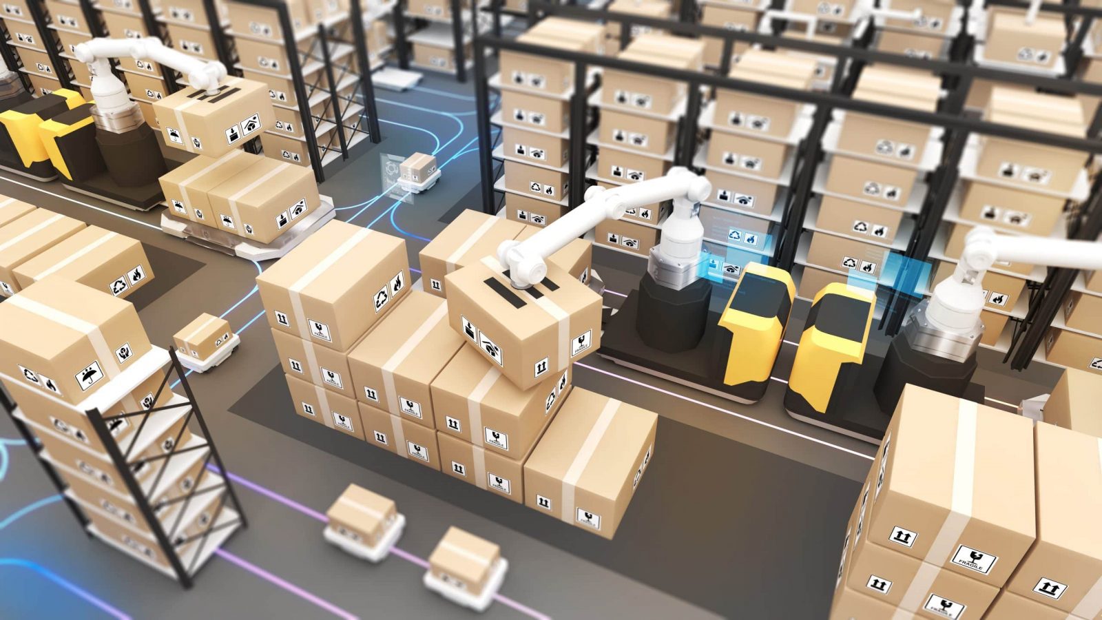 Large warehouses use robotic arms and delivery robots to pick up