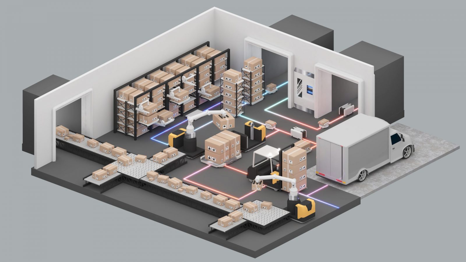 Isometric view of a large Warehouse,The transport vehicle uses a