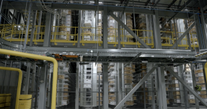 Automated storage and retrieval system in a food warehouse.