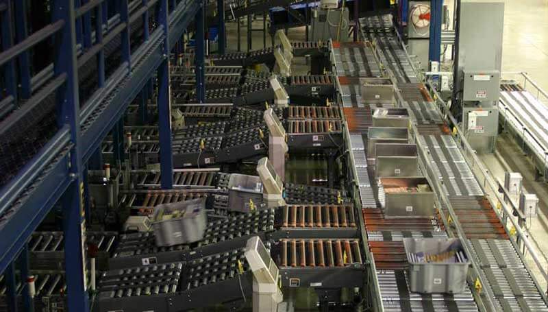 Automated sorter conveyor with distribution bins.