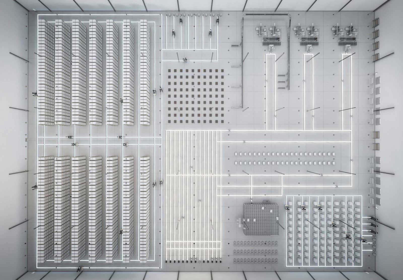 Aerial view of an organized warehouse rendering showcasing an array of racking systems as part of a 'Project Execution' display. Different sections exhibit selective racks, drive-in racks, and flow racks with designated aisles for material handling equipment. The strategic arrangement illustrates an efficient space utilization concept, embodying KPI Solutions' philosophy for enhancing supply chain functionality.