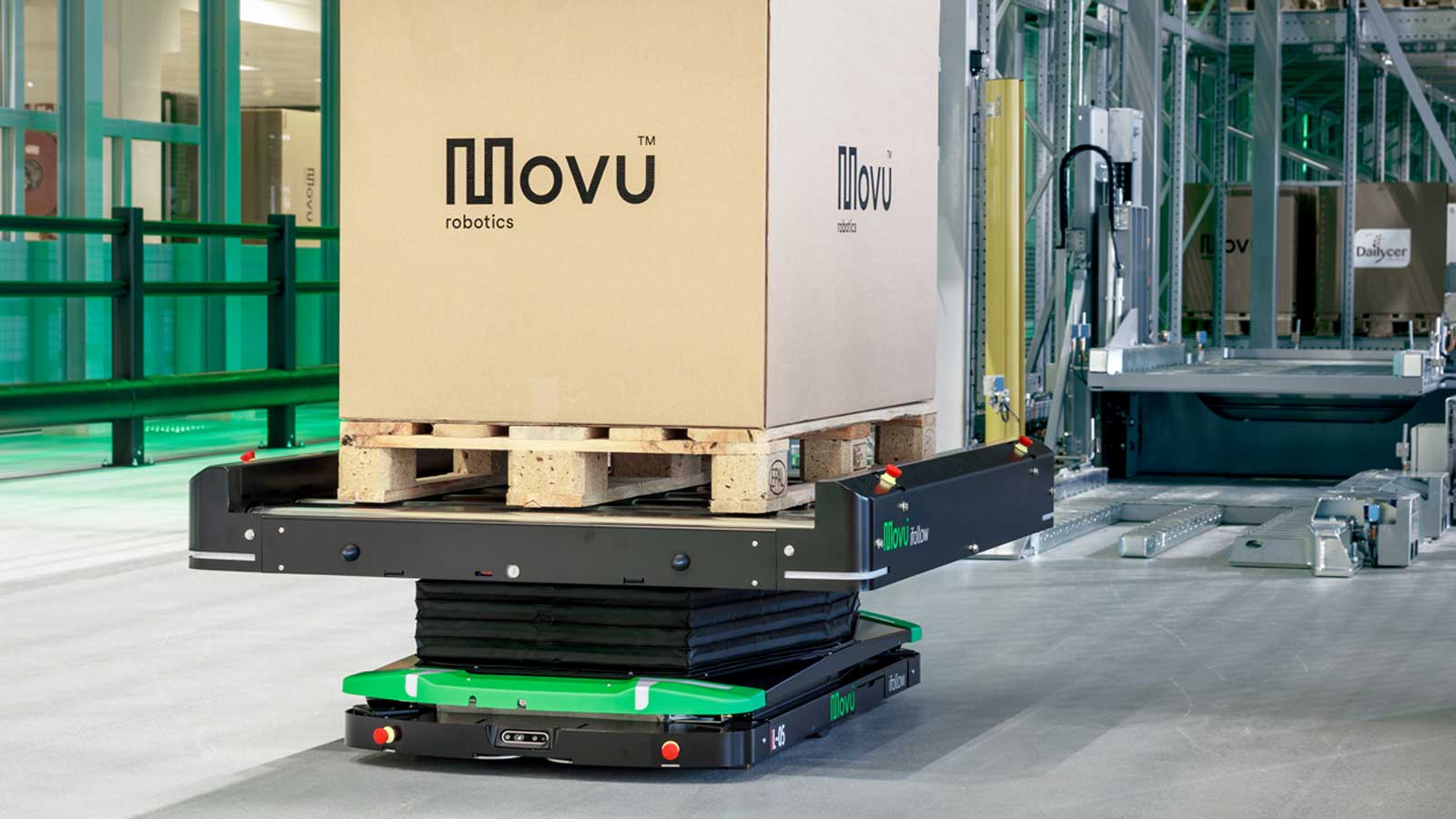 Movu ifollow AGV transporting pallet loads in warehouse