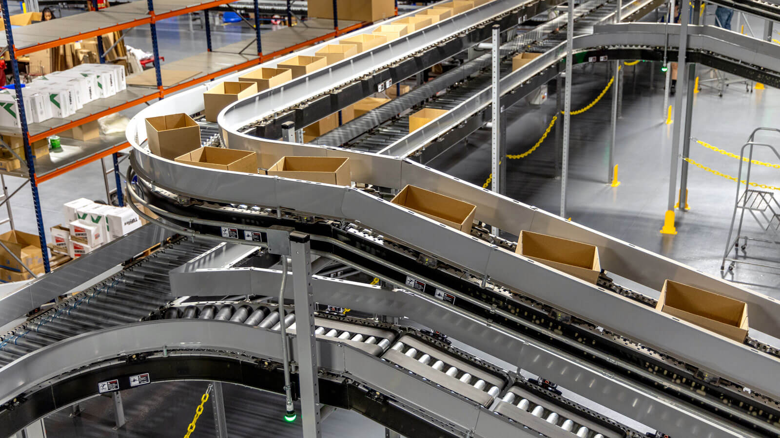 Overhead Conveyor System Transporting Boxes
